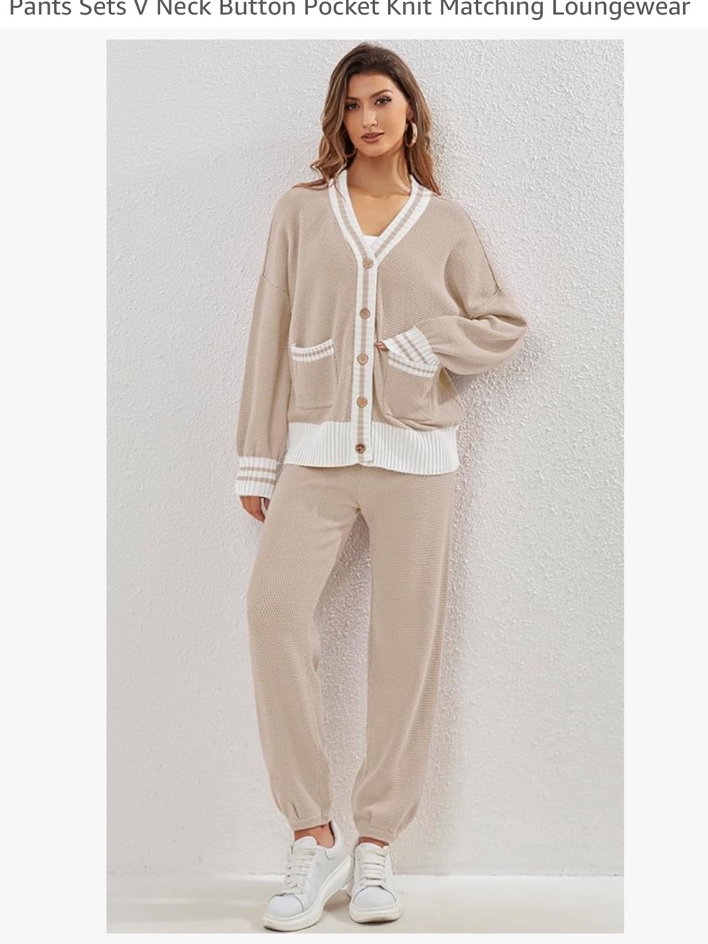Beige V-Neck Button Lounge Set with White Trim